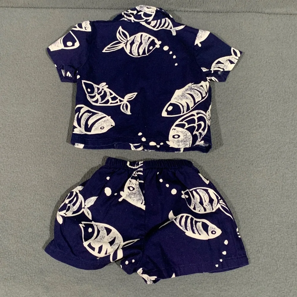 Vintage‎ PJ Lindberg Kids 12M Navy Blue Fish Print Shirt and Shorts Set USA Made